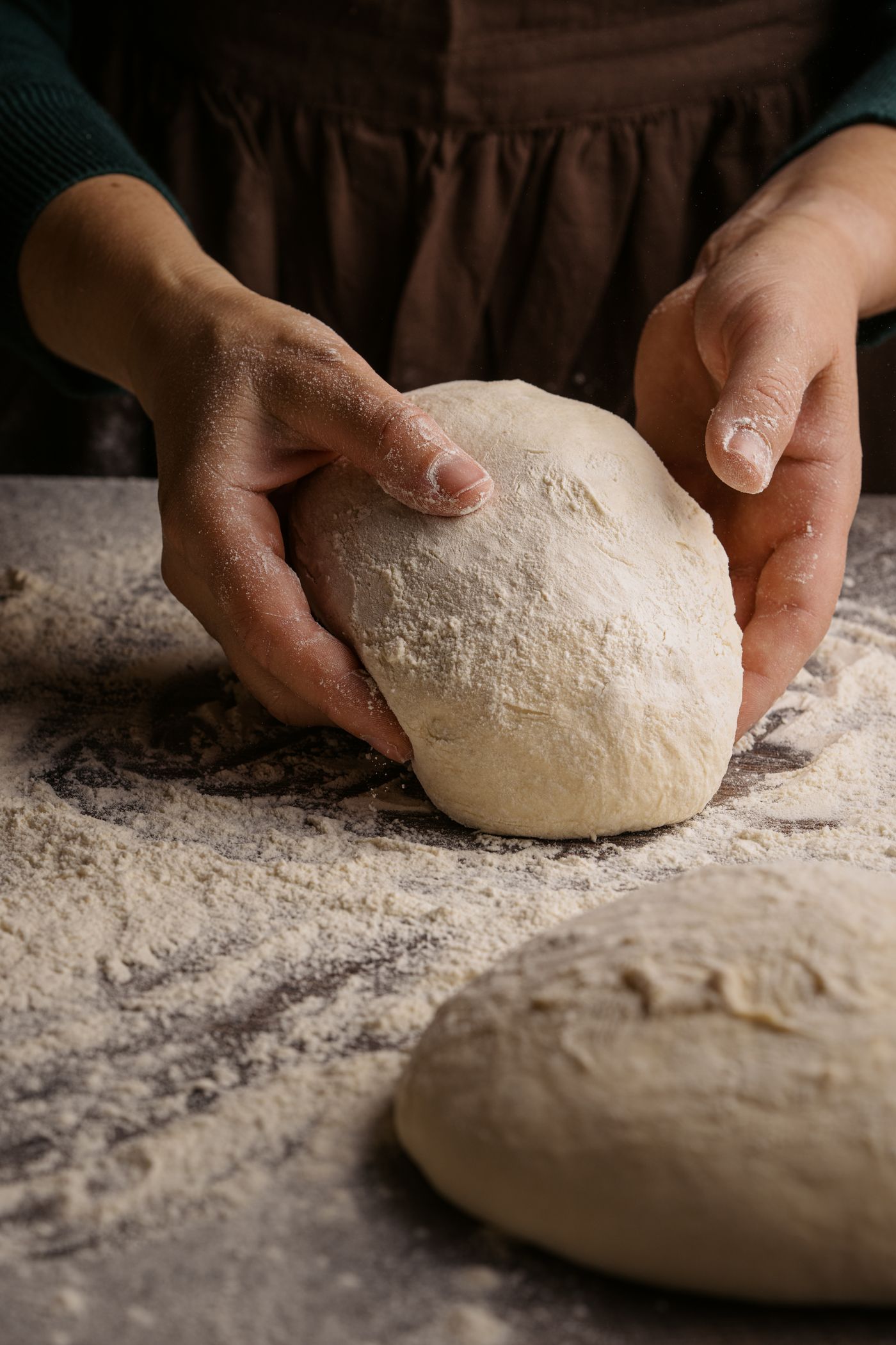 A baker's hands folding and pressing a ball of dough on a lightly floured surface